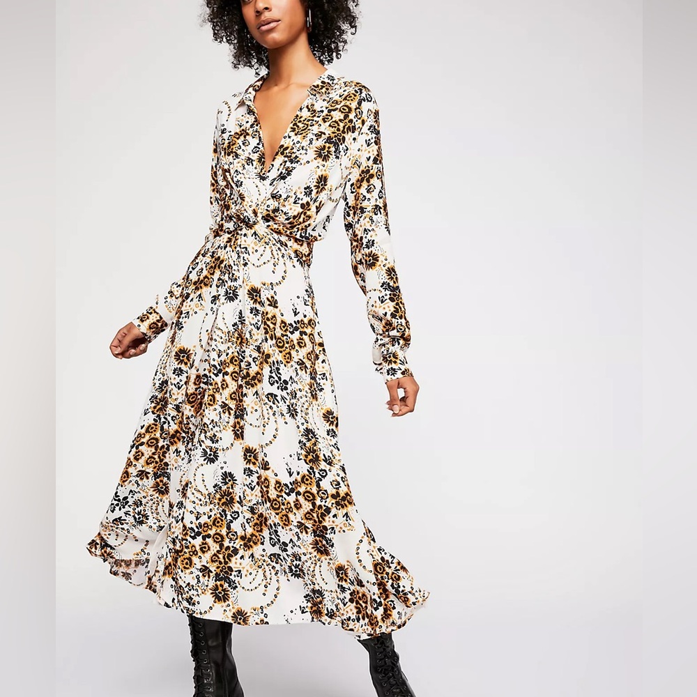 Free People Tough Love Shirt Dress Size 8 Long Sleeve Floral Pockets Neutral